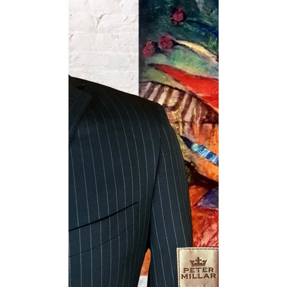Peter Millar 40R 32W Dark Navy Blue Gray Pinstripe 2 Piece Suit Jacket Pants - Picture 3 of 16